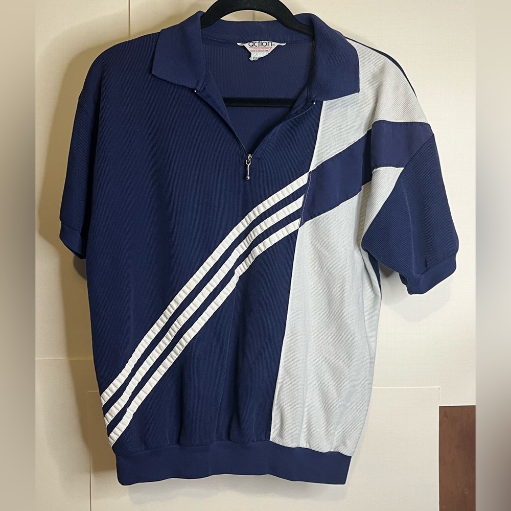 Action Women’s (VTG L, Fits S) Navy Blue & White Sportswear Polo Shirt 80s